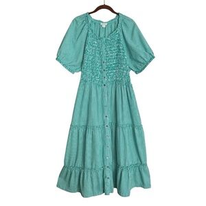SUNDANCE Smocked Tiered Boho Prairie Dress Green Stripe Cottagecore Midi XXL